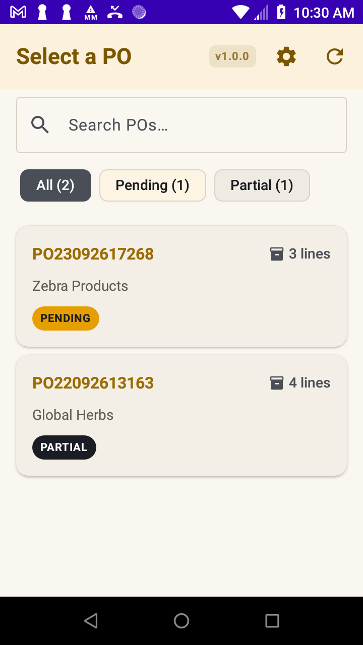 Purchase order list with search