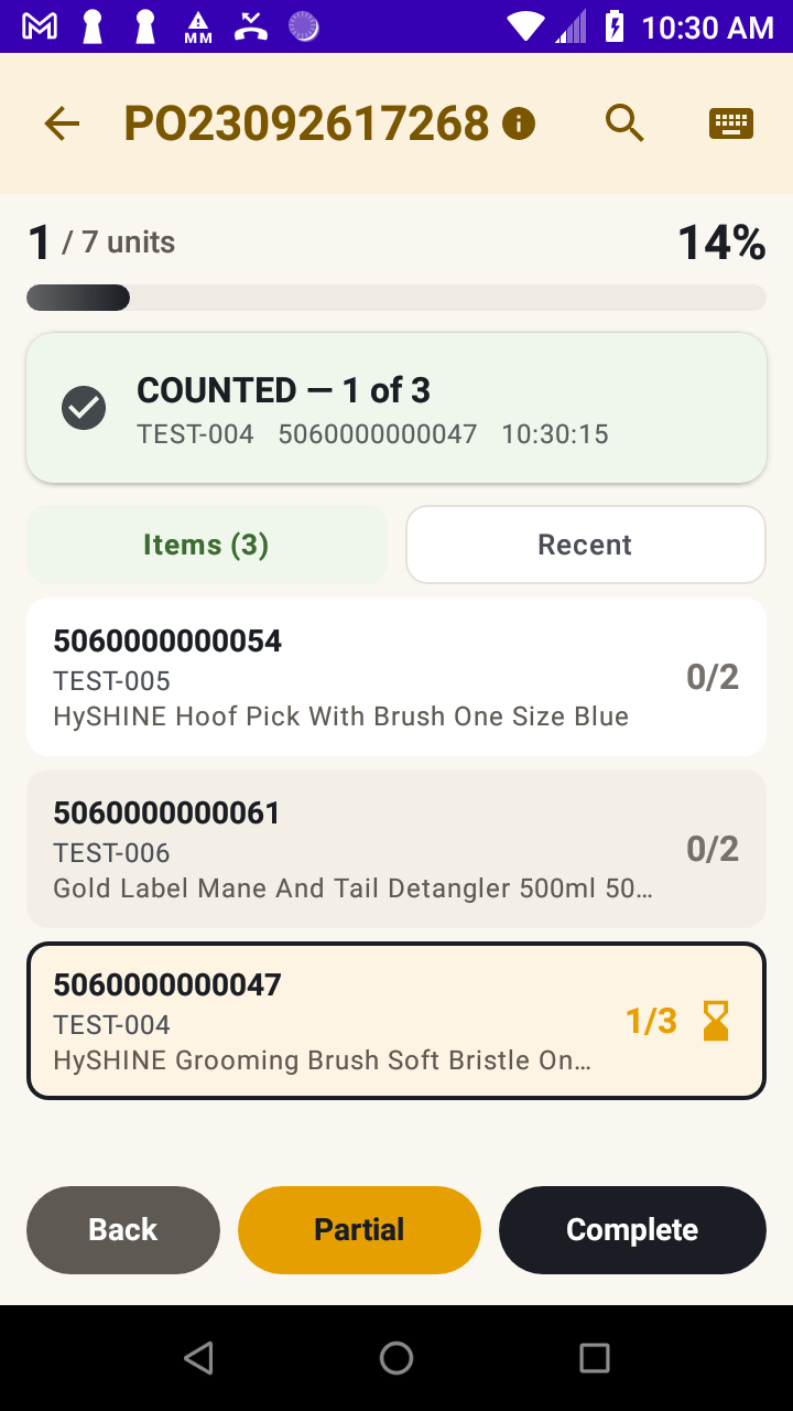 A scan counted against a purchase order line