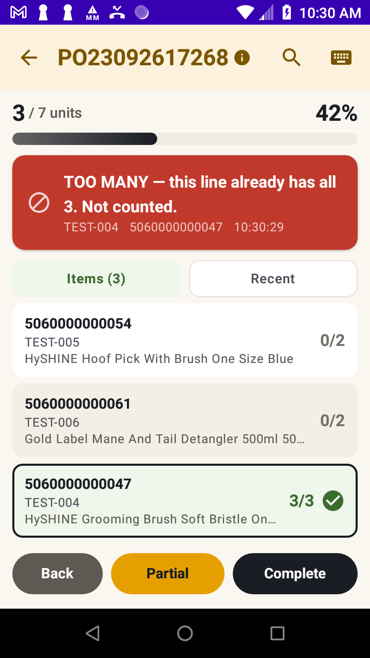 A unit beyond the ordered quantity being refused