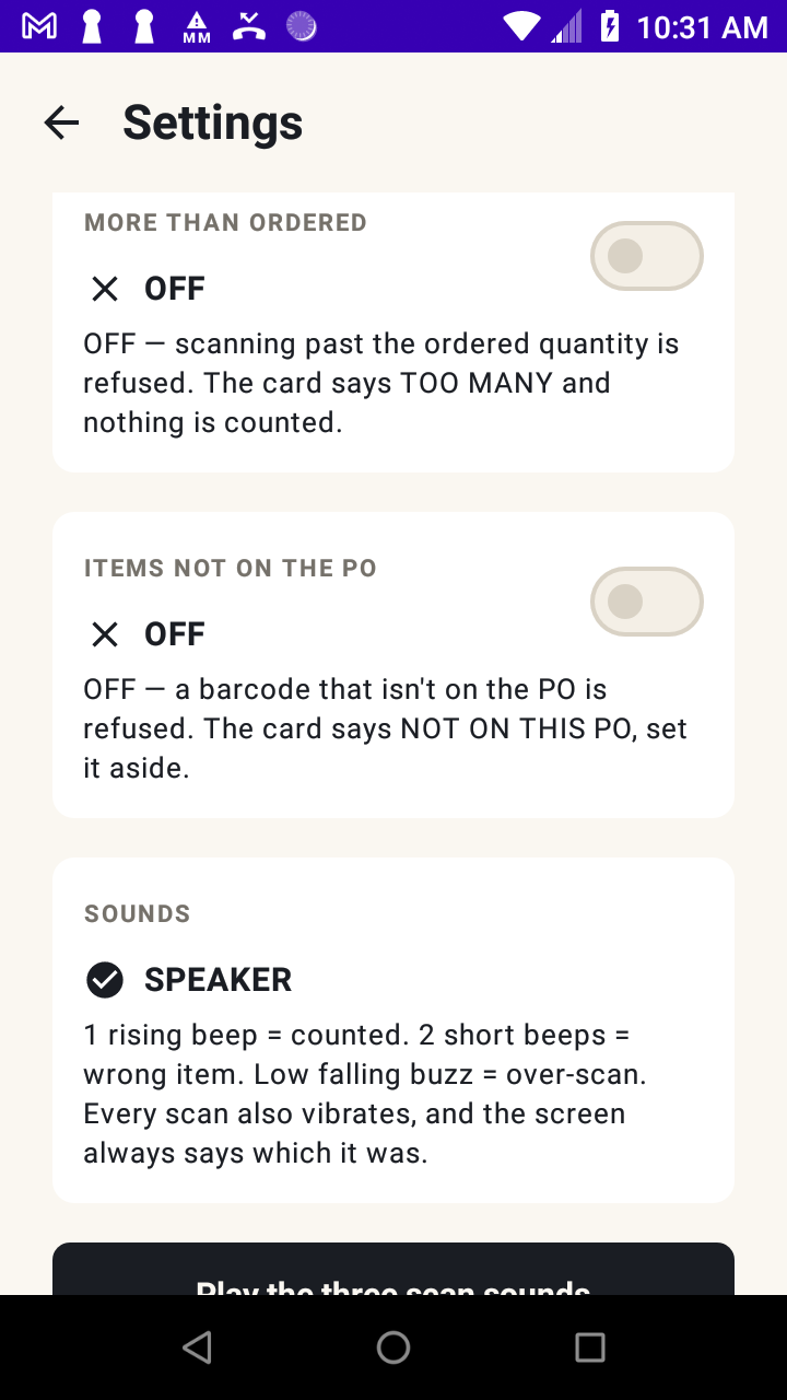 Settings screen with the two optional rules